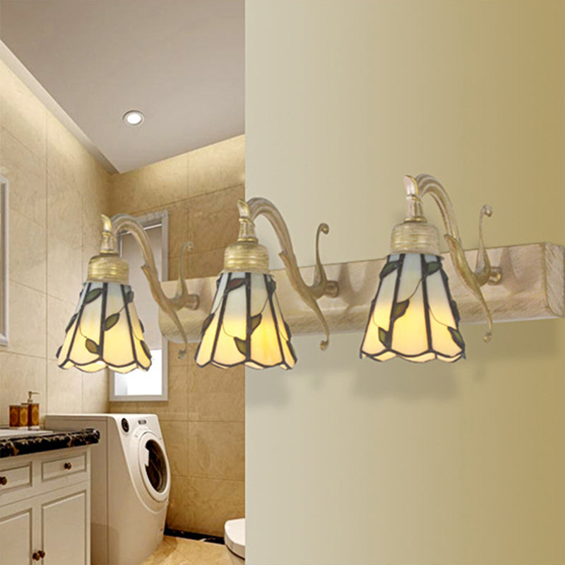 3 Köpfe Blatt Schminklicht Rustikal Loft Buntglas Schminkspiegel Licht mit Linearer Rückplatte in Kupfer/Antikmessing/Gold | Brehn