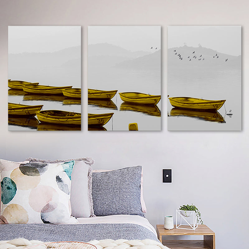 Brehn | Braune Misty River Boote Leinwand Wandkunst Texturiert Zeitgenössische Wohnzimmer Wanddekoration