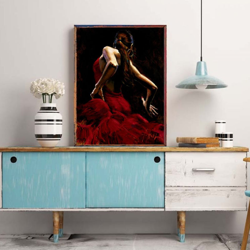 Brehn | Rotes tanzendes Mädchen Gemälde strukturiert zeitgenössischer Kunststil Esszimmer Eingewickelte Leinwand