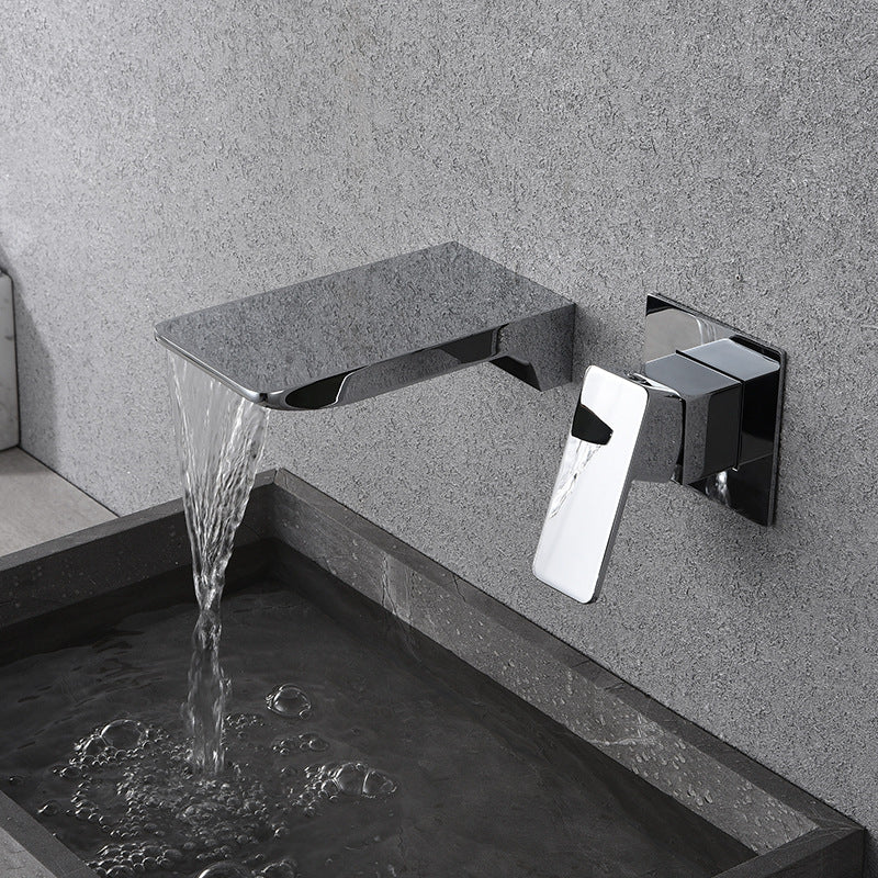 Kreativer Wandtyp Wasserfallwasserhahn aus reinem Kupfer schwarzer Waschbecken kaltes und heißes eingebettetes Becken verborgenes Armatur