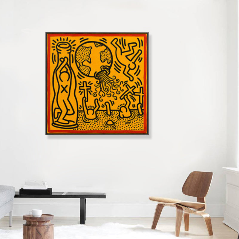 Brehn | Gelbes Pop-Art-Leinwanddruck-Illustration Keith Haring Figurenzeichnung Wanddekoration für Raum