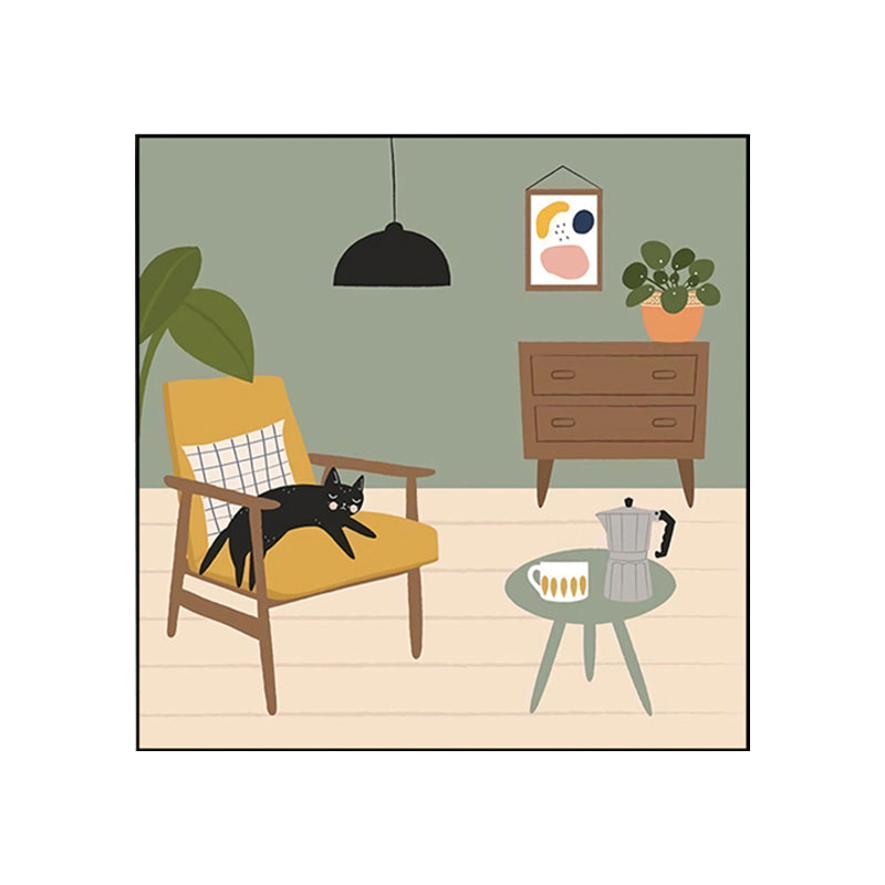 Brehn | Grüne nordische Leinwandillustration Katze liegt auf Stuhl Wandkunstdruck für Wohnzimmer