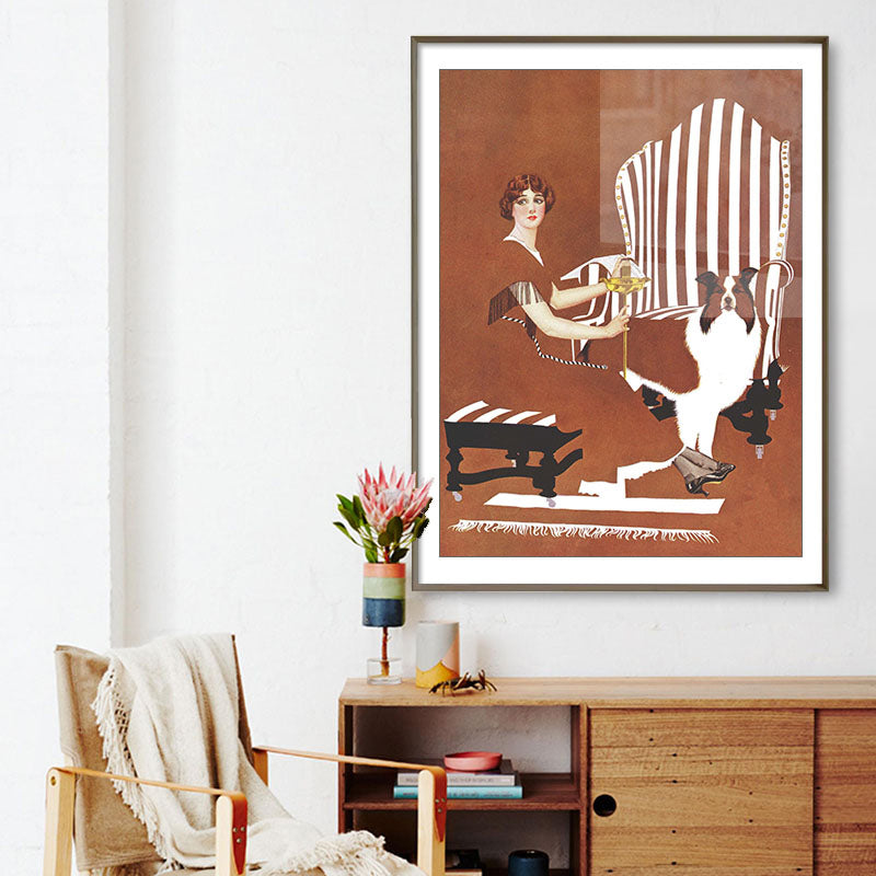 Brehn | Braune traditionelle Kunstdruckillustration Hausfrau und ihr Hund Zeichnung Leinwand für Zuhause