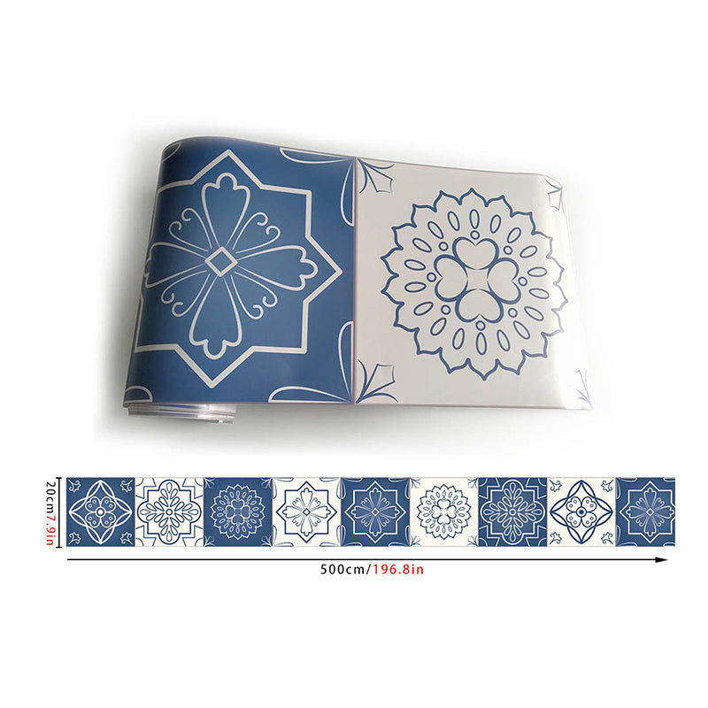 Brehn | Blumen Mandala Fliesen Tapetenbordüre Bohemian PVC Wandkunst in Blau und Weiß, Abziehbar