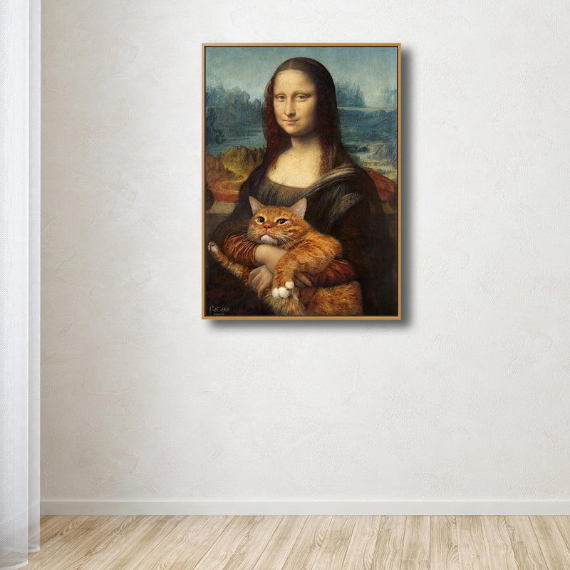 Brehn | Schwarze moderne Wandkunst Spoof-Zeichnung Mona Lisa mit ihrer Katze Leinwanddruck für das Schlafzimmer