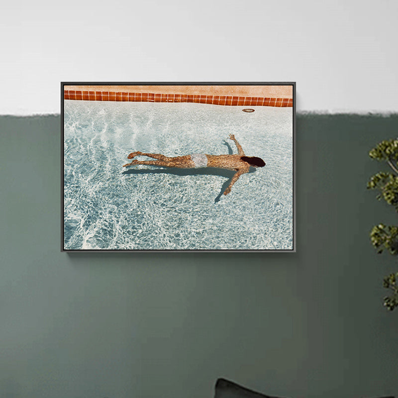 Brehn | Frau Schwimmen im Pool Malerei Texturiert Pop Art Mädchen Schlafzimmer Leinwanddruck in Blau