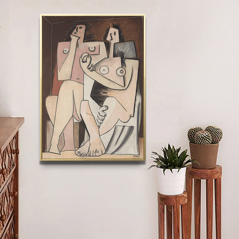 Brehn | Kubismus Picasso Stil Figur Gemälde Brauner Texturierter Leinwand Wandkunst für Wohnzimmer
