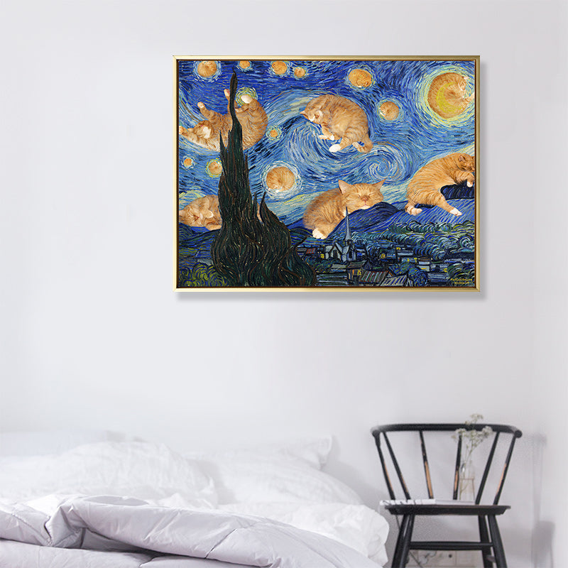 Brehn | Sternen Nacht mit Katze Leinwand Kunst Funky Lustig Van Gogh Gemälde Wanddekoration in Blau
