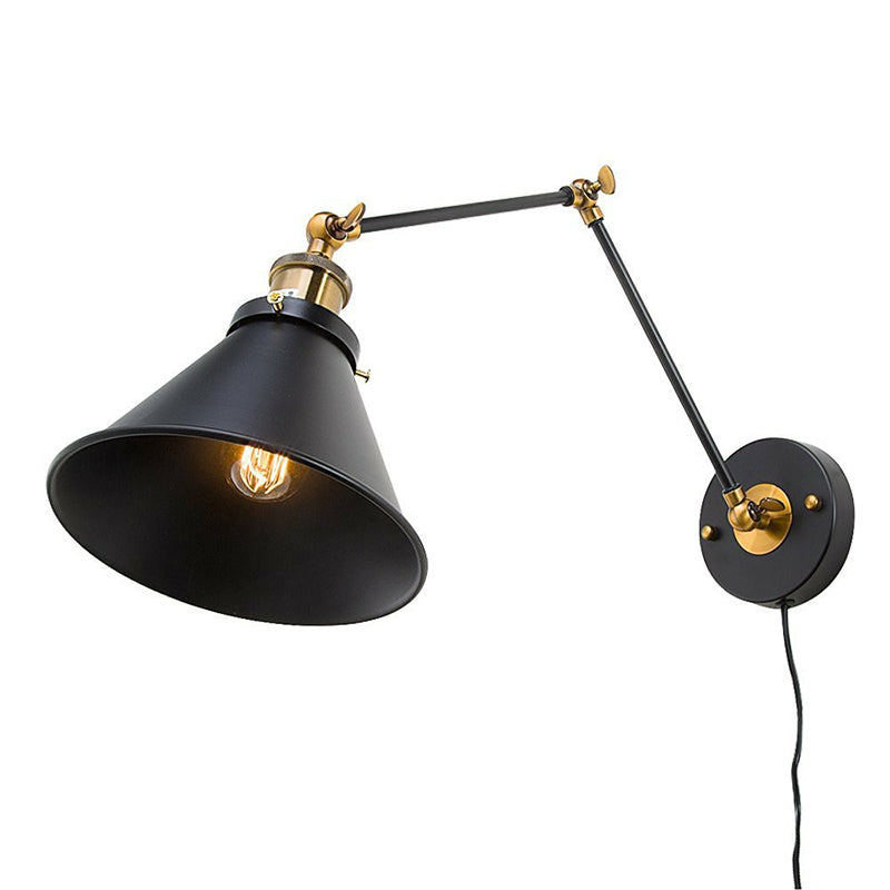 Eisen Schwarz Finish Lesewandlampe Rollkante Kegelförmige Einzelne Industrielle Stecker/Steckerlose Wandbeleuchtung mit Schwenkarm