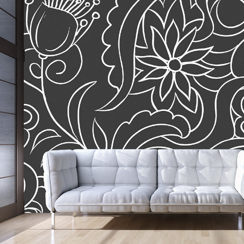 Brehn | Zwart en Wit Minimalistische Muurbehang Hele Bloemenwandkunst voor Woonkamer