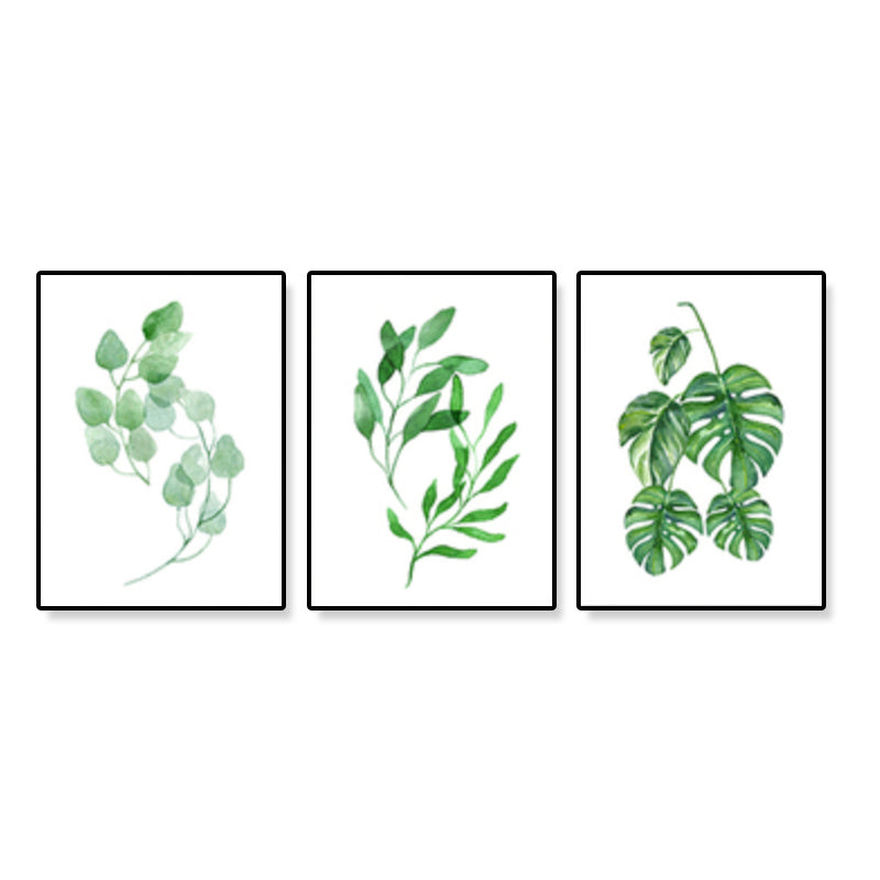 Brehn | Minimalistische Pflanzenblätter Leinwandkunst Grünes strukturiertes Wanddekor für den Raum (Set von 3)