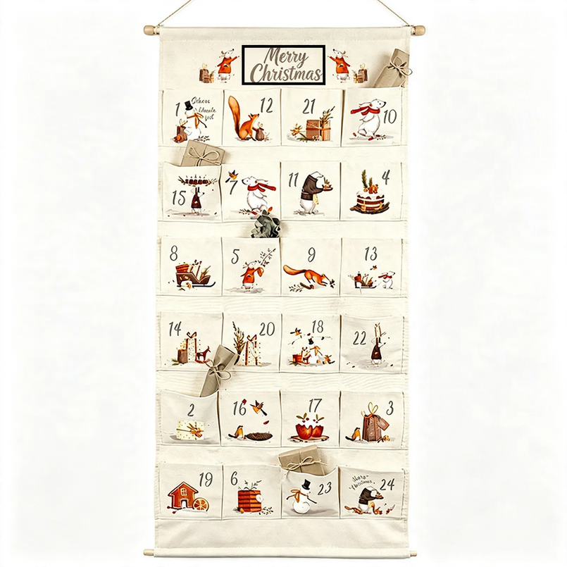 Weihnachts-Adventskalender aus Stoff mit 24 Taschen