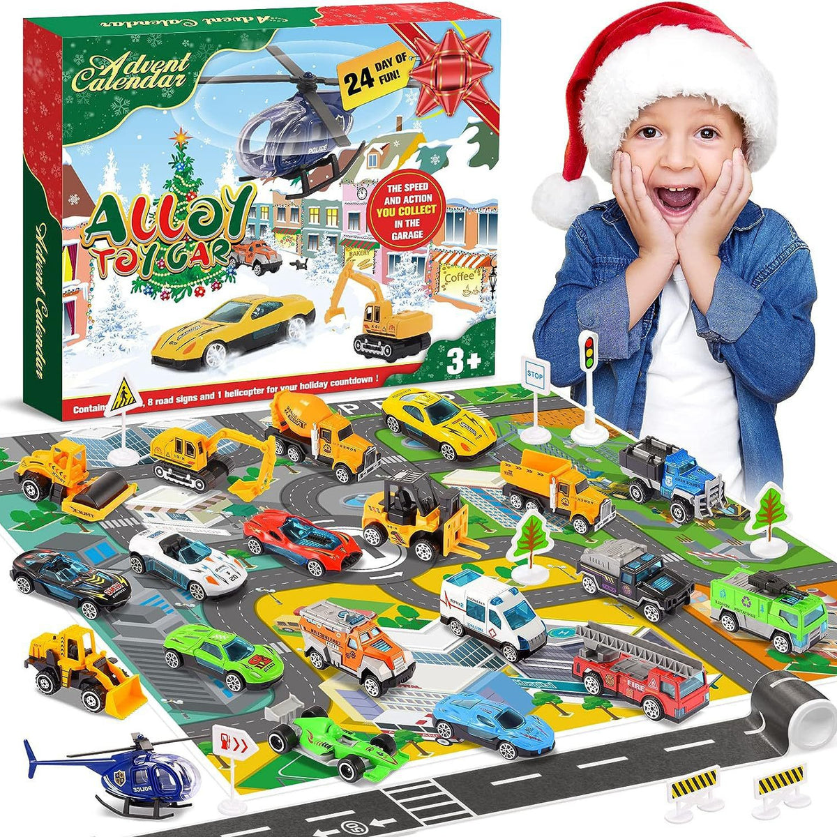 Weihnachts-Adventskalender mit Spielzeugfahrzeugen