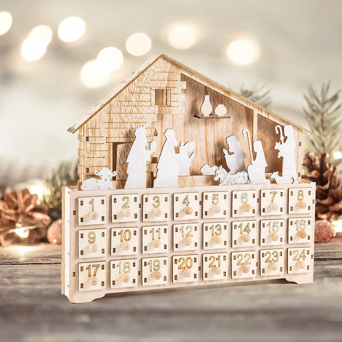 LED-Adventskalender aus Holz, Krippenszene