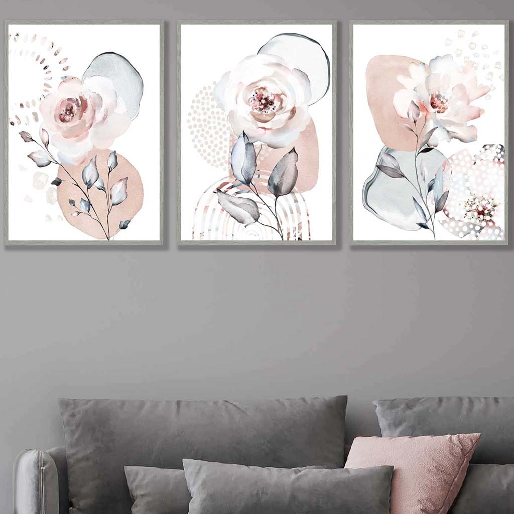 Abstrakte Kunstdrucke mit Blumen in Rosa und Grau