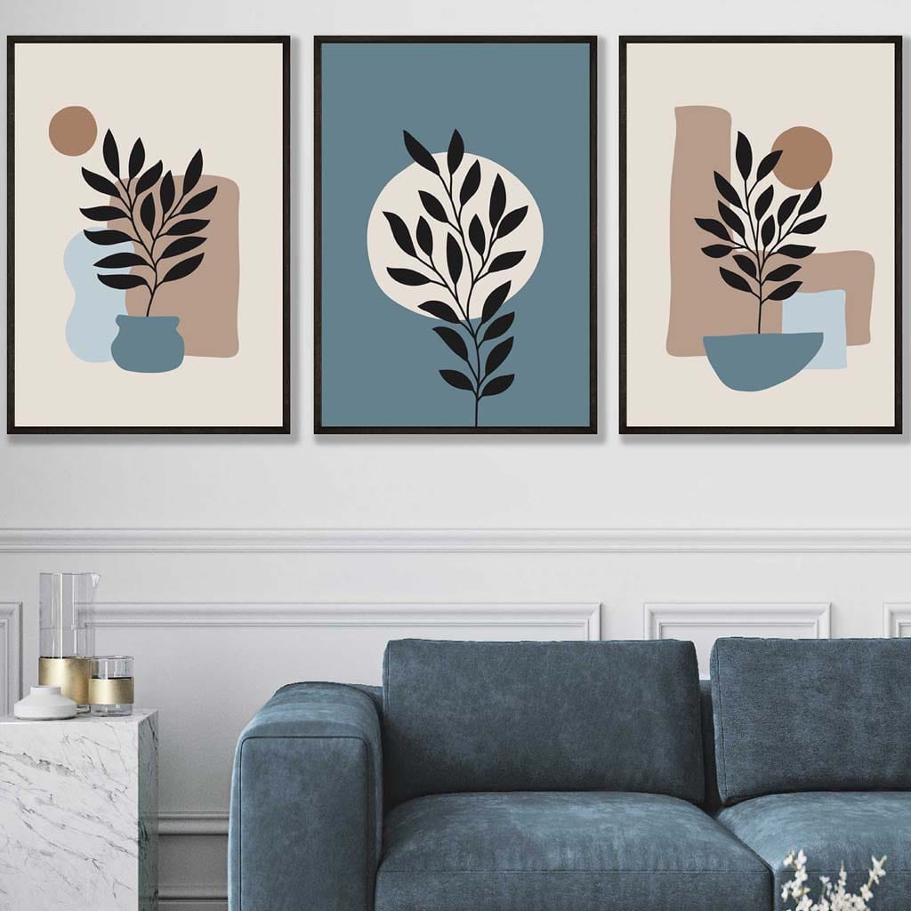 Botanisches Set aus 3 Boho-Wandbildern in Blau und Braun