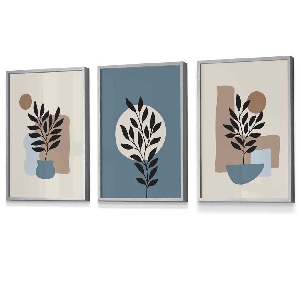 Botanisches 3er-Set Boho-Wandbilder mit Rahmen in Blau und Creme