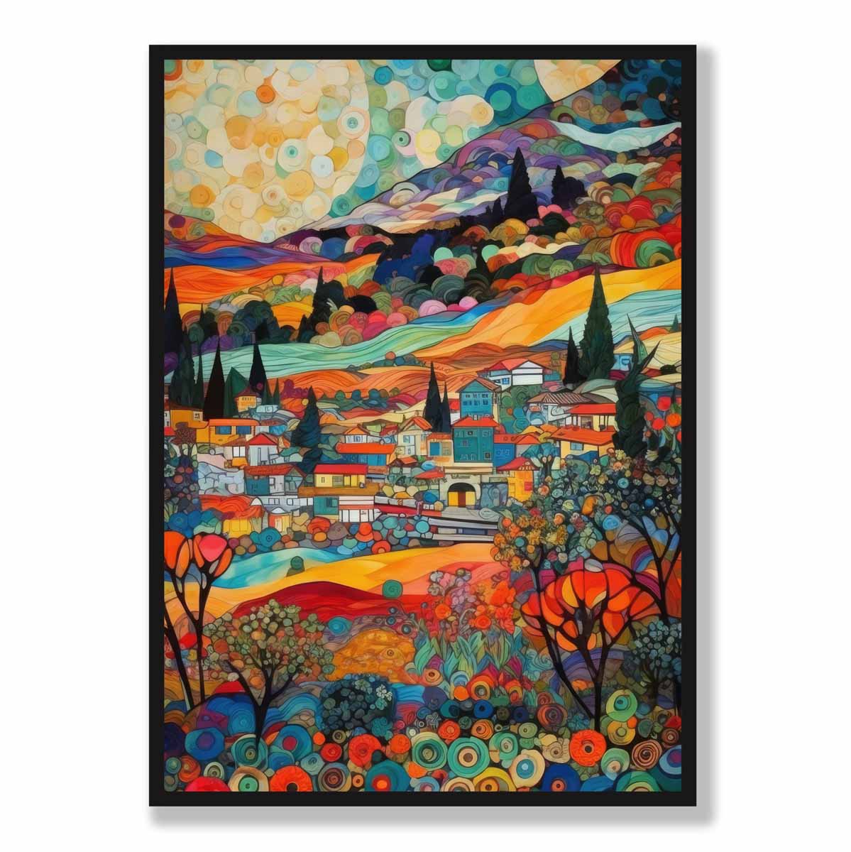 Farbenfrohes abstraktes Gemälde im Mosaikstil mit urbaner Landschaft als Kunstdruck