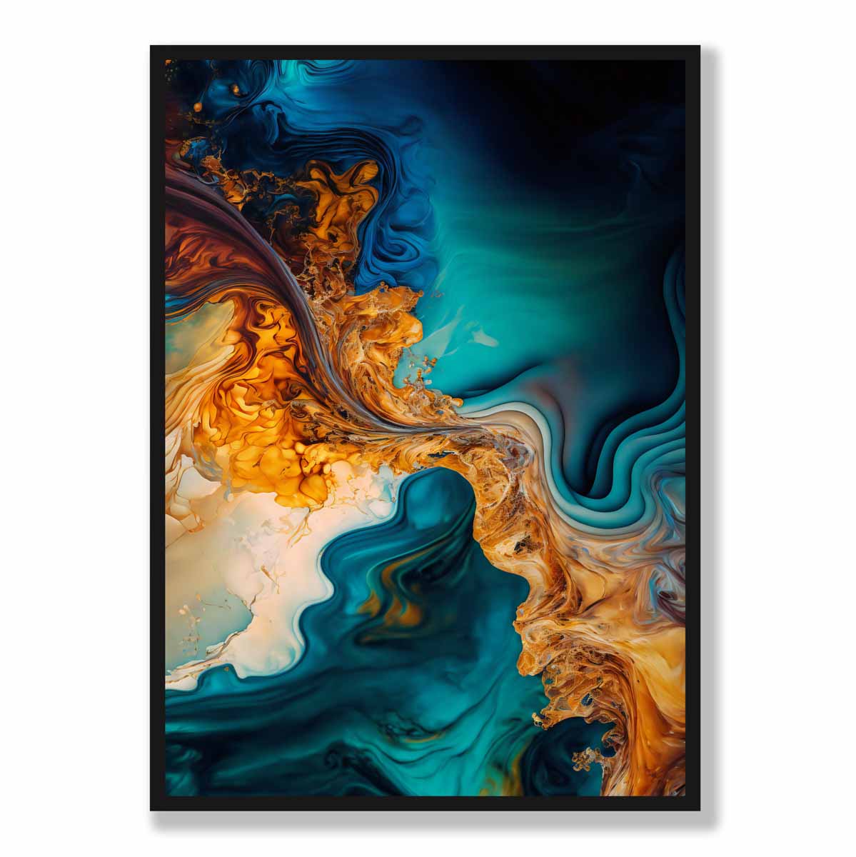 Abstrakte Fluid-Art-Drucke in Blau und Orange Nr. 5