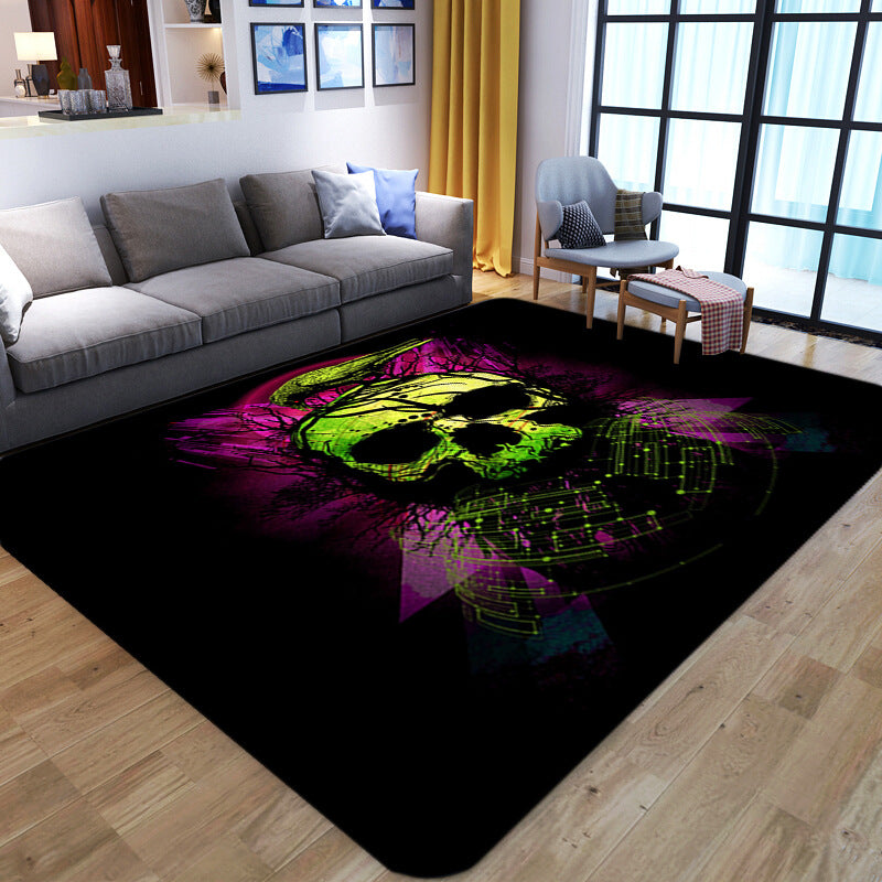 Brehn | Punk Abstract Skull Print Teppich Schwarz Neuheit Teppich Synthetik Fleckenbeständig Maschinenwaschbar Rutschfeste Rückseite Teppich für Wohnzimmer