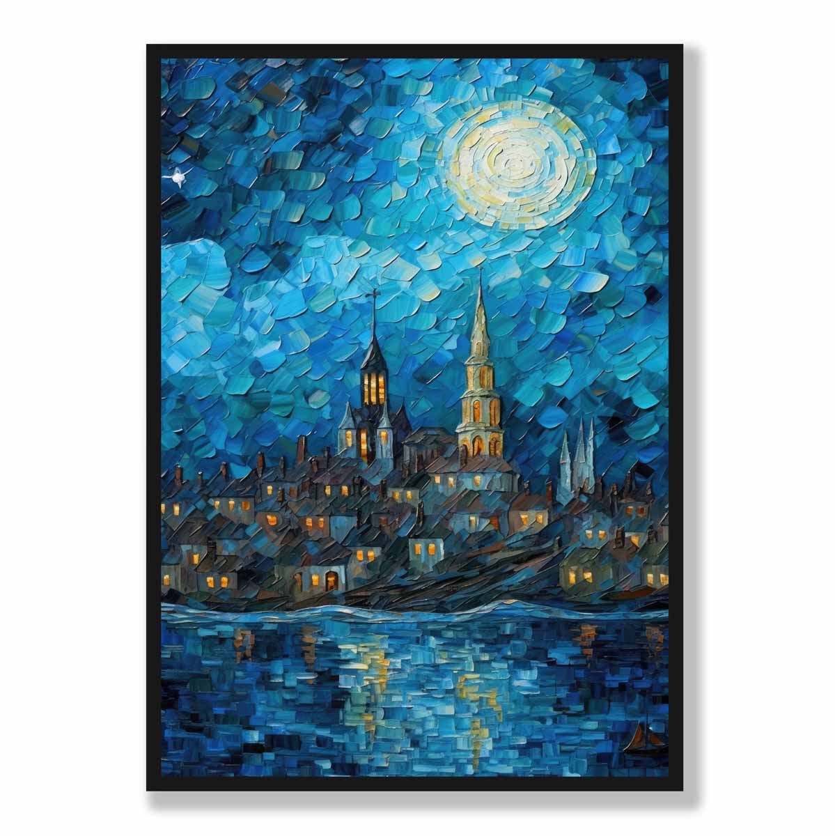 Stadt am See bei Nacht, Spachtelmalerei, Kunstdruck