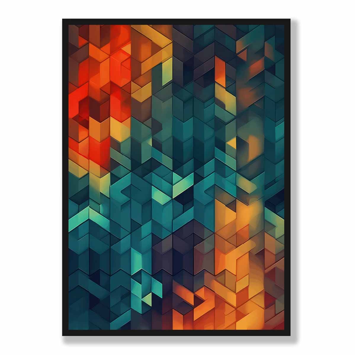 Abstrakter Kunstdruck mit geometrischen Formen, Blau, Orange und Rot, Nr. 3