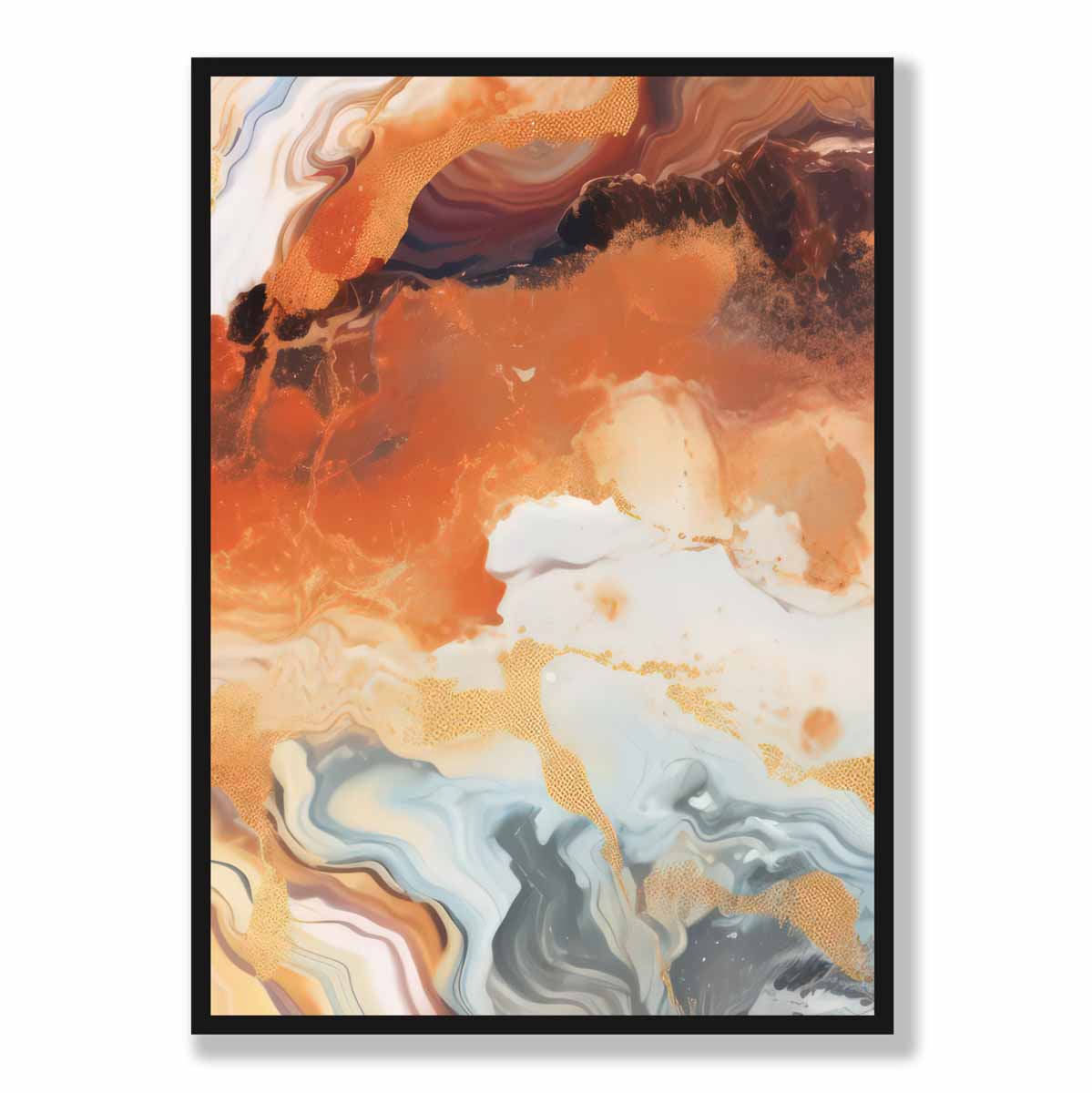 Abstraktes Gemälde, Flüssigkunstdruck, Orange, Grau und Gold Nr. 6