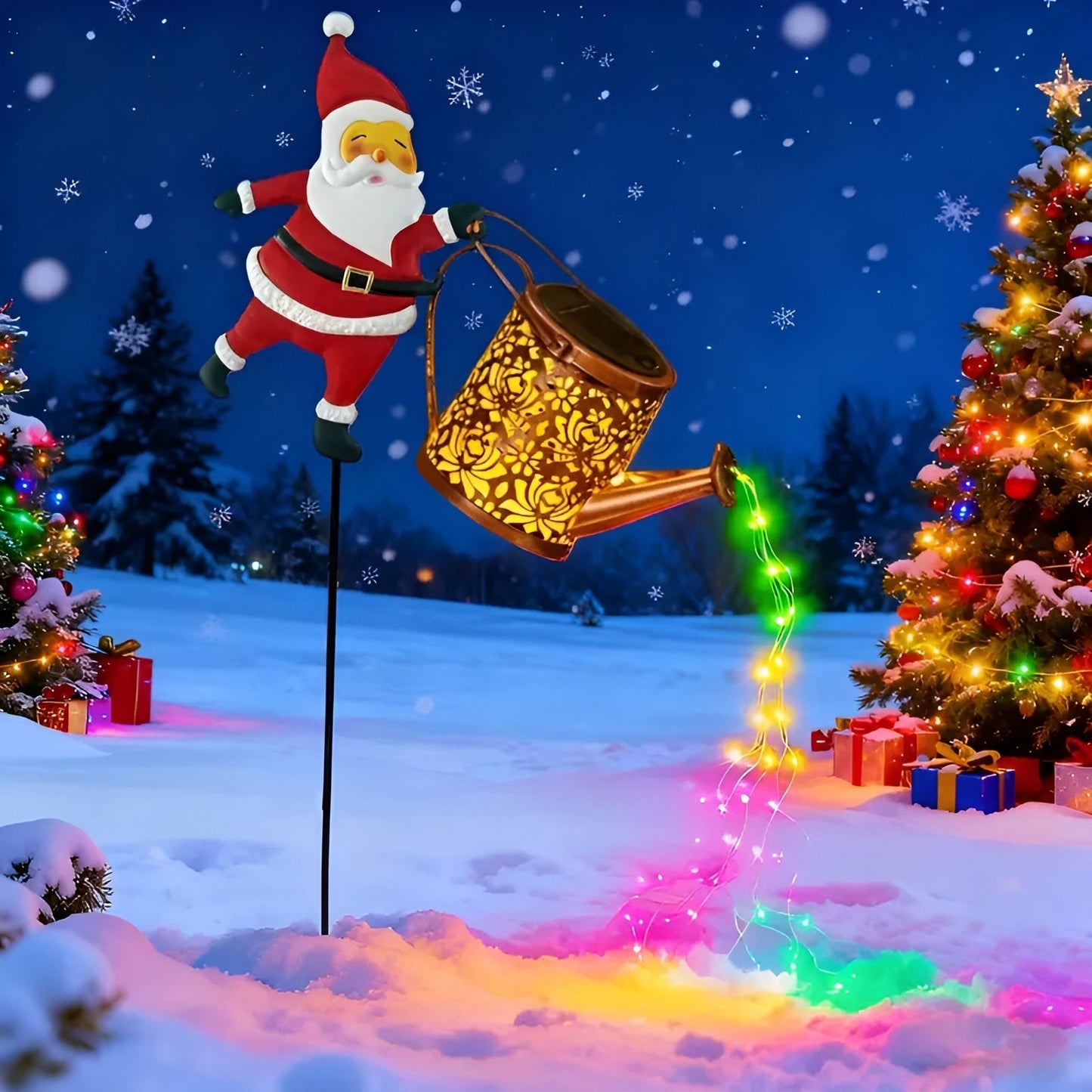 Solarbetriebene Weihnachtsbeleuchtung mit Weihnachtsmann und Laternen – Dekoration für Garten und Terrasse | Warmweiß und farbig, batterielos