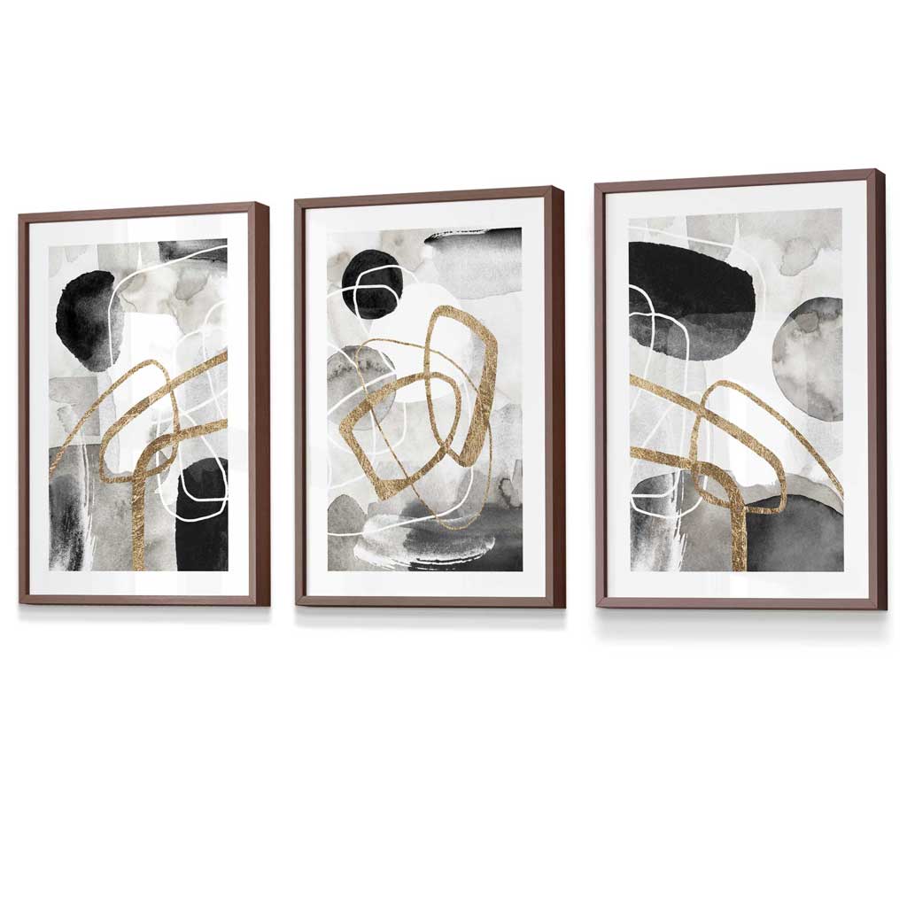 Abstrakte schwarze, graue und goldene Formen, Set aus 3 gerahmten Wandbildern