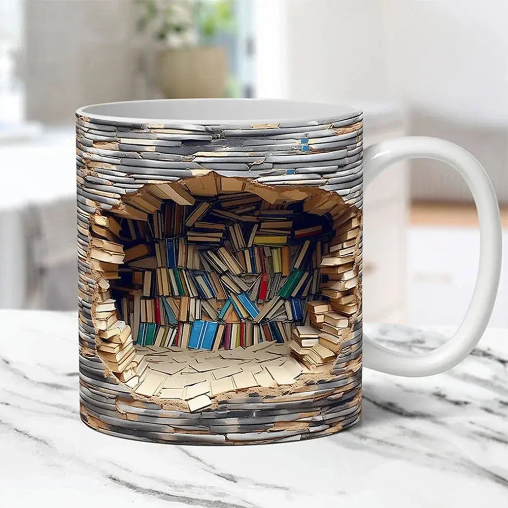 Bücherregal-Tasse – 3D-Keramik-Kaffeebecher für Bücherliebhaber