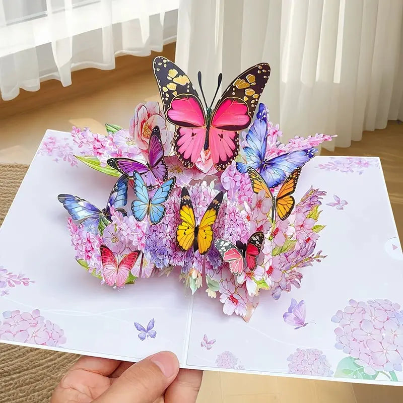 3D Pop-Up Grußkarte – Bunte Schmetterlinge & Gänseblümchen mit Umschlag