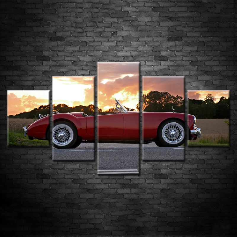 5 Teile Sonnenaufgang - Klassisches Rotes Vintage Auto - Leinwand Wandkunst Gemälde