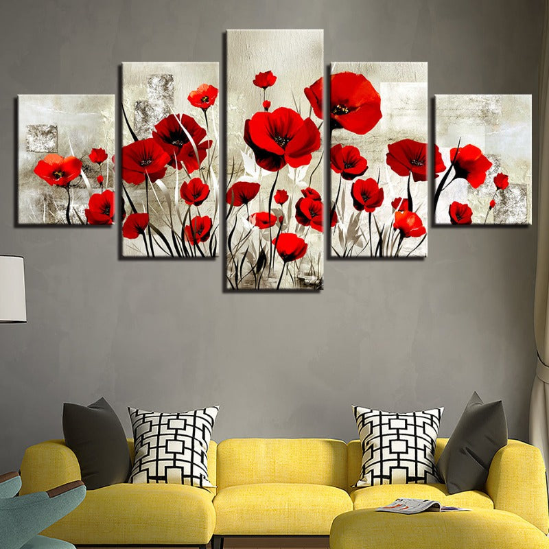5 Stück Rote Tulpenblume - Leinwand Wandkunst Gemälde