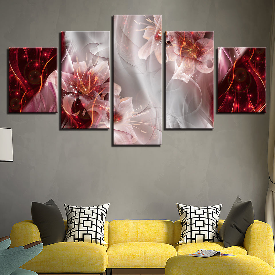 5 Teile Rot Weiß Ombre Hintergrund Pink Blume - Leinwand Wandkunst Gemälde