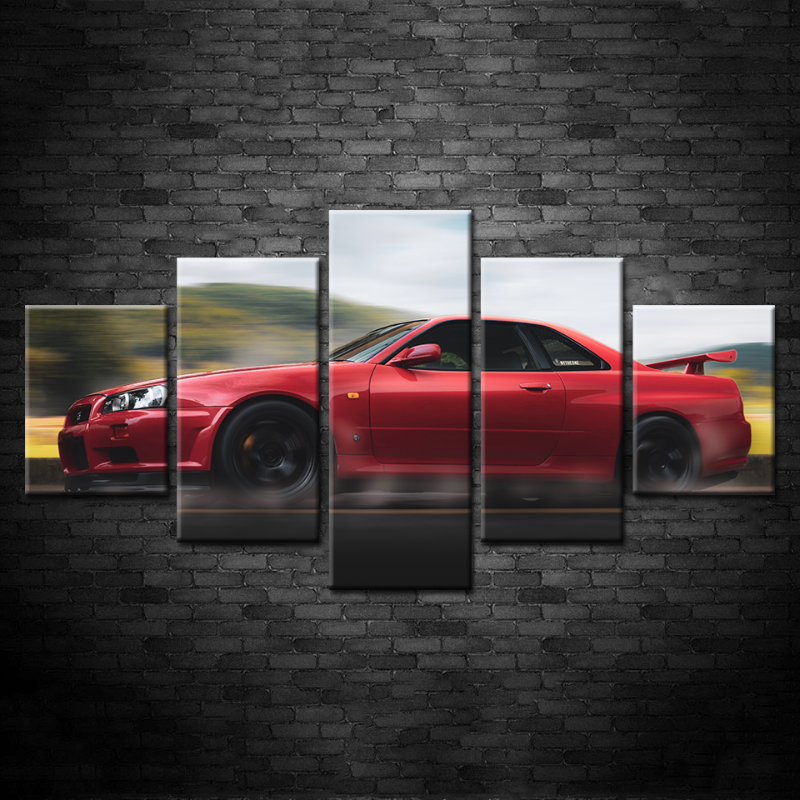 5 Stück Rotes Klassisches Metallic Auto - Leinwand Wandkunst Gemälde