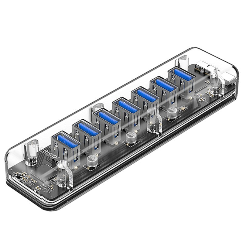 Brehn | 7-in-1 Transparenter USB3.0 Hub mit Stromversorgungsanschluss, für Büro, Studium, Spiele und mehr