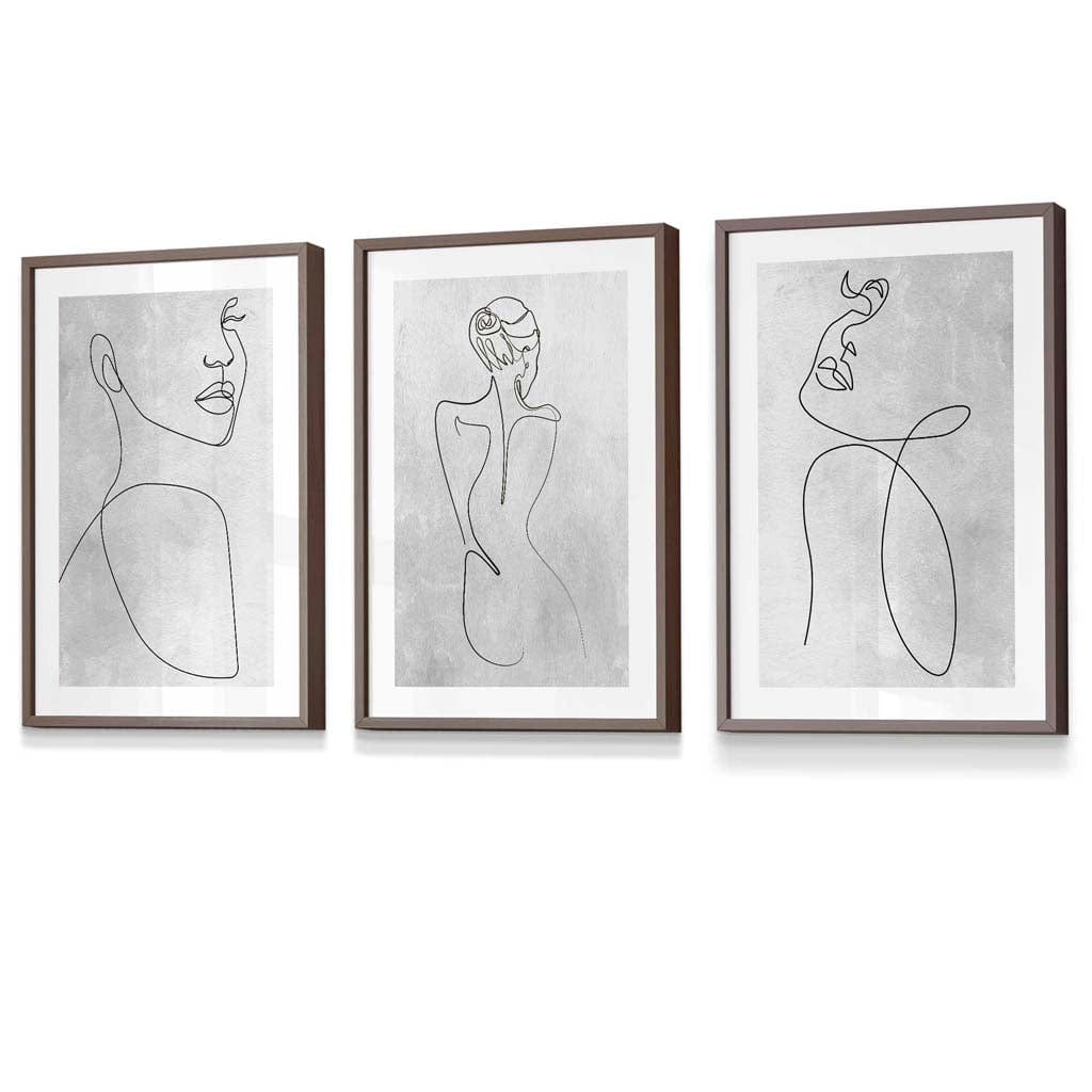 Abstrakte Linienkunst Frau Grau Wandkunst Set mit 3 gerahmten Drucken