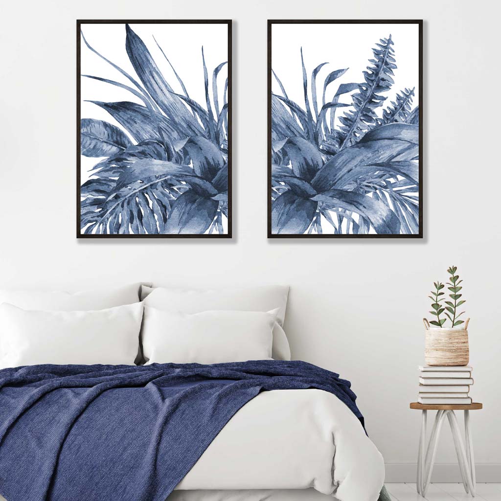 Set aus 2 Aquarell-Kunstdrucken mit blauem tropischem Blattmotiv