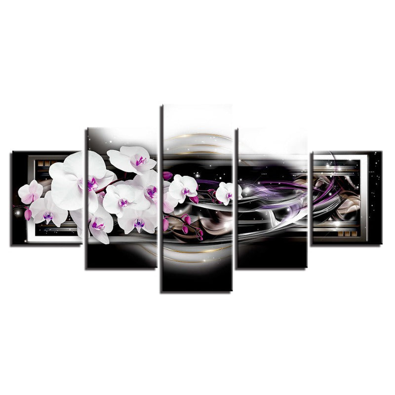5 Stück Schwarz Hintergrund Lila Farbton Weiße Blume - Leinwand Wandkunst Malerei