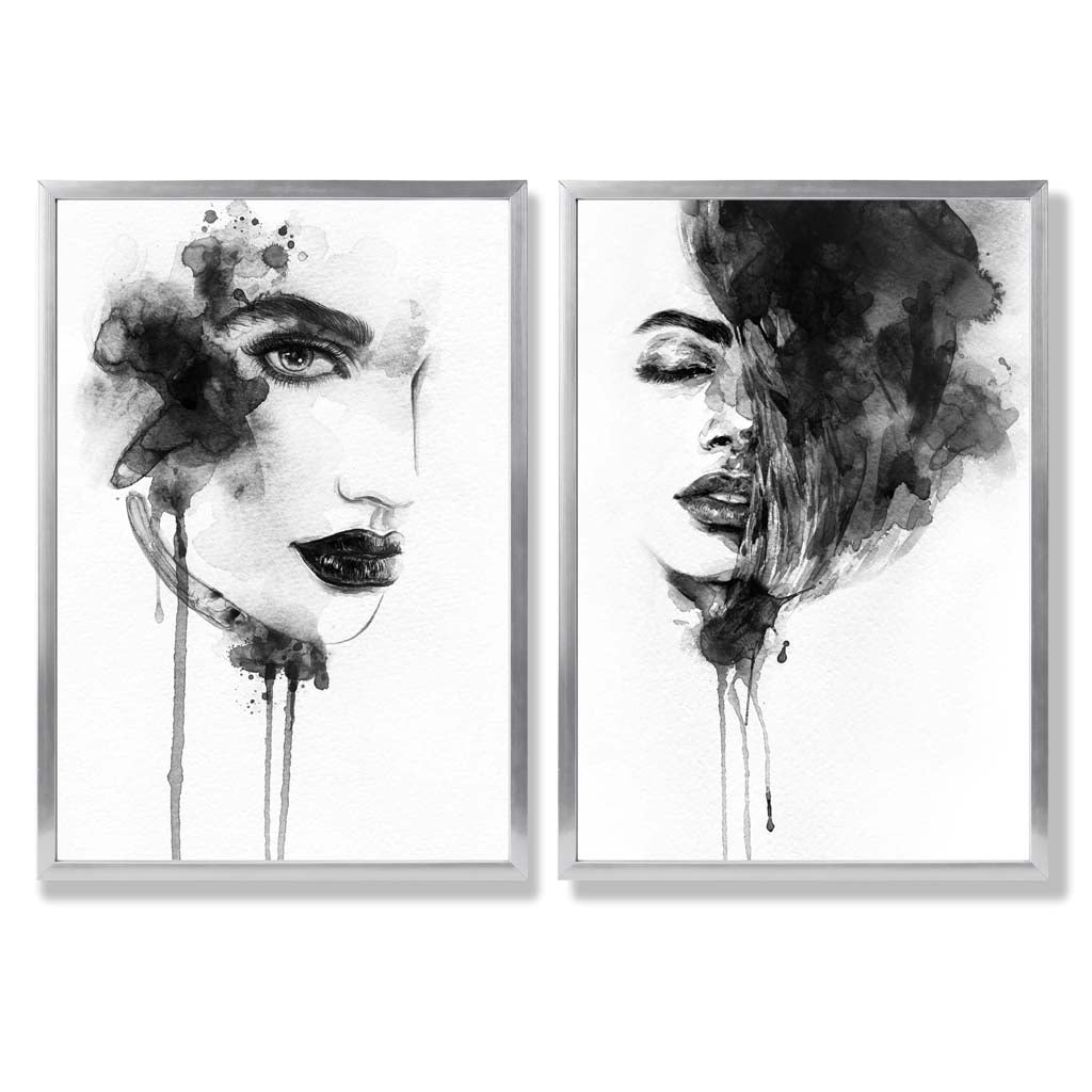 Schwarz-weiße Modeillustrationen, gerahmtes Set aus 2 Kunstdrucken
