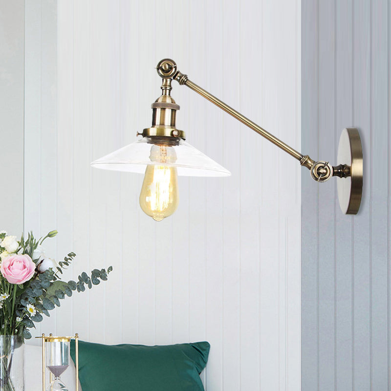 1 Licht Innen Wandlampe Vintage Schwarz/Messing/Bronze Beleuchtungseinrichtung mit konischem transparentem Glasschirm, 8"/12" L Arm