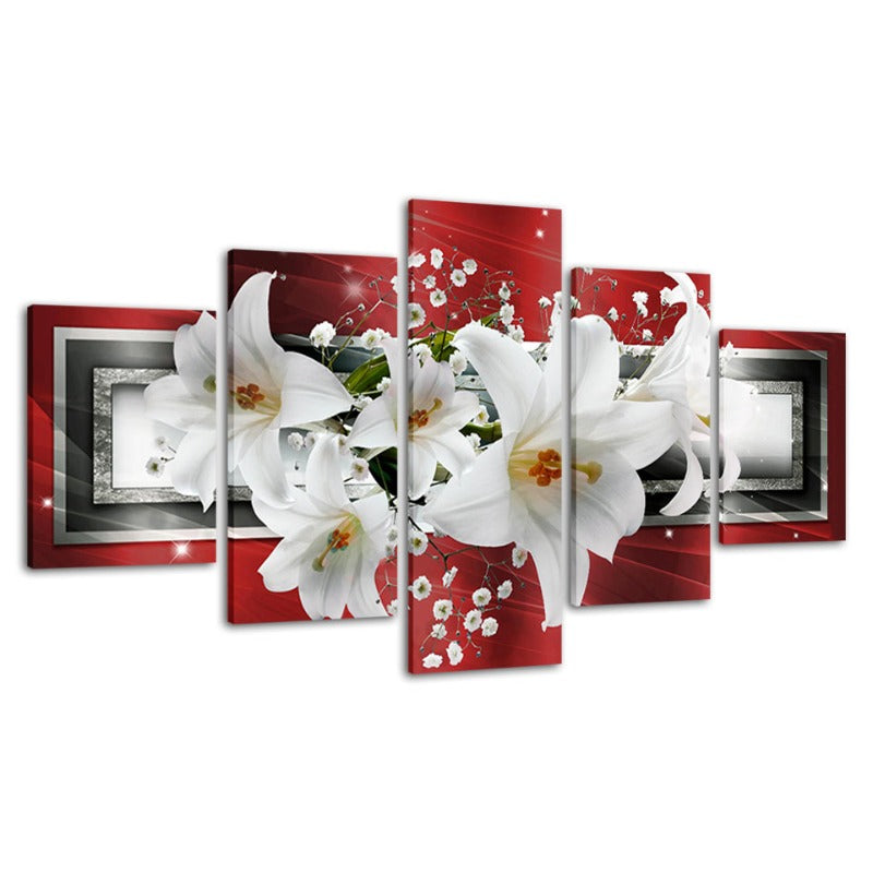 5 Stück Roter Hintergrund Weißer Tulpenblumen - Leinwand Wandkunst Gemälde
