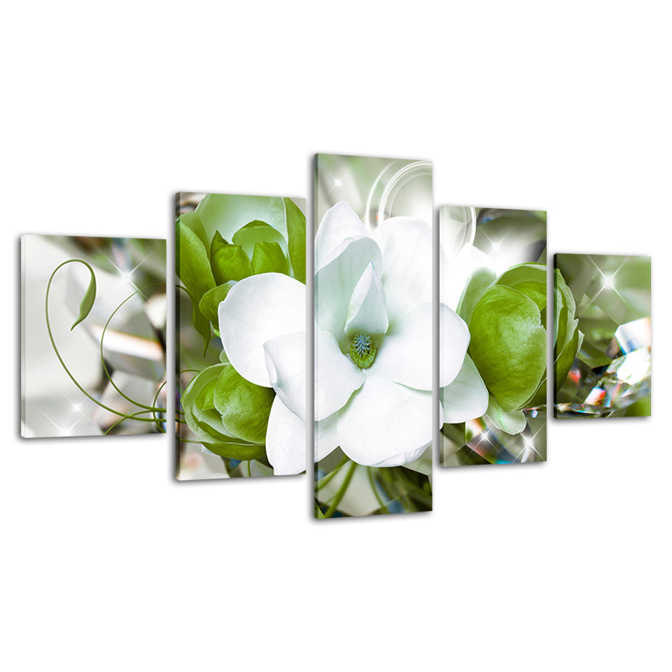 Zarte weiße und grüne Blumen 5-teilig - Canvas Wandkunst Gemälde
