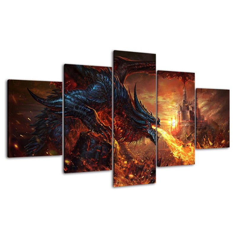 Dragon und Schloss - 5 Teile Leinwand Wandkunst Malerei