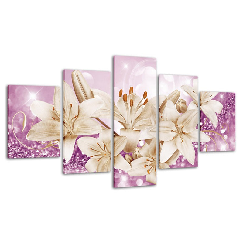 5 Stück Lila Hintergrund Rustikale Blume - Leinwand Wandkunst Gemälde