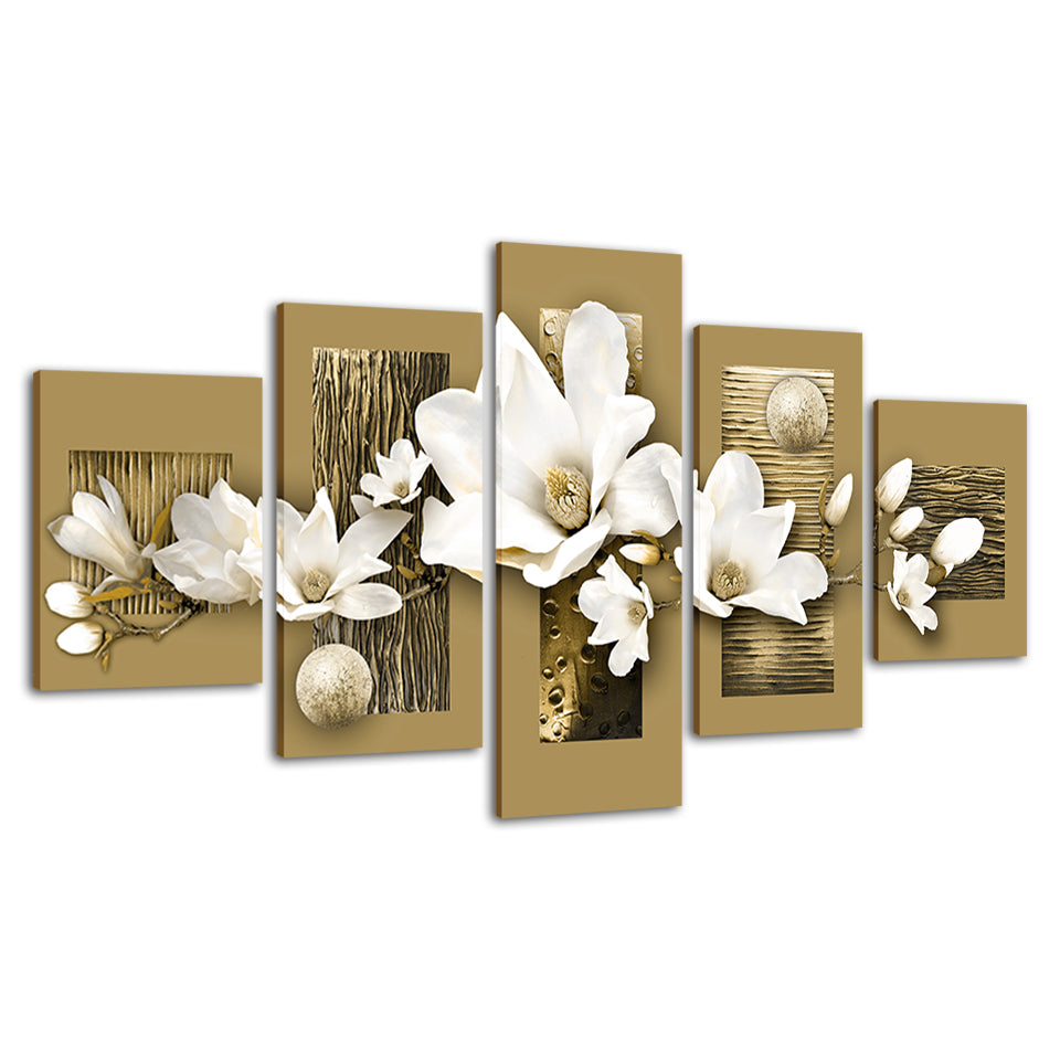 Goldene Akzente und weiße Magnolien 5-teilig - Leinwand Wandkunst Malerei