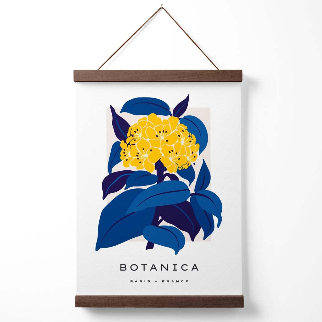 Abstraktes Marktplakat mit gelben und blauen Hortensienblüten und Aufhänger