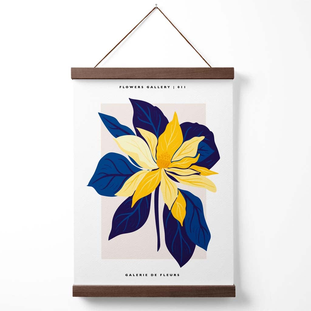 Abstraktes Marktplakat mit blauen und gelben Lilien (mit Aufhänger)