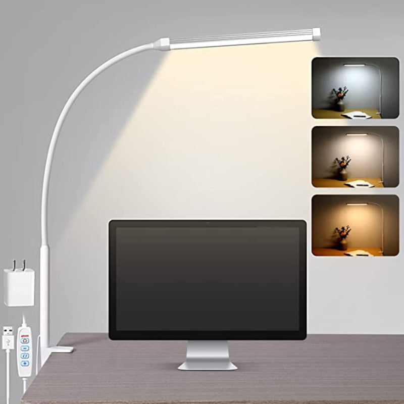 Brehn | LED Schreibtischlampe - Augenfreundliche Schreibtischlampe mit Klemme, Flexibler Schwenkarm, 3 Modi, 10 Helligkeitsstufen, USB-Adapter
