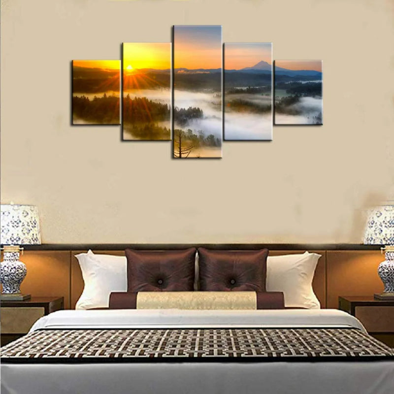5er-Set Leinwandbilder mit Sonnenuntergangsbaum-Motiv